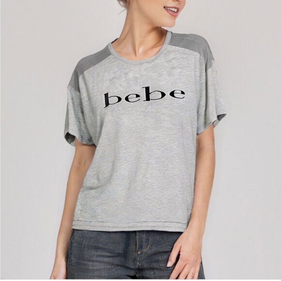 Bebe Sport Logo Boxy T-Shirt Mesh Shoulder Stretch Top Retro Grey Black Casual - Picture 1 of 9